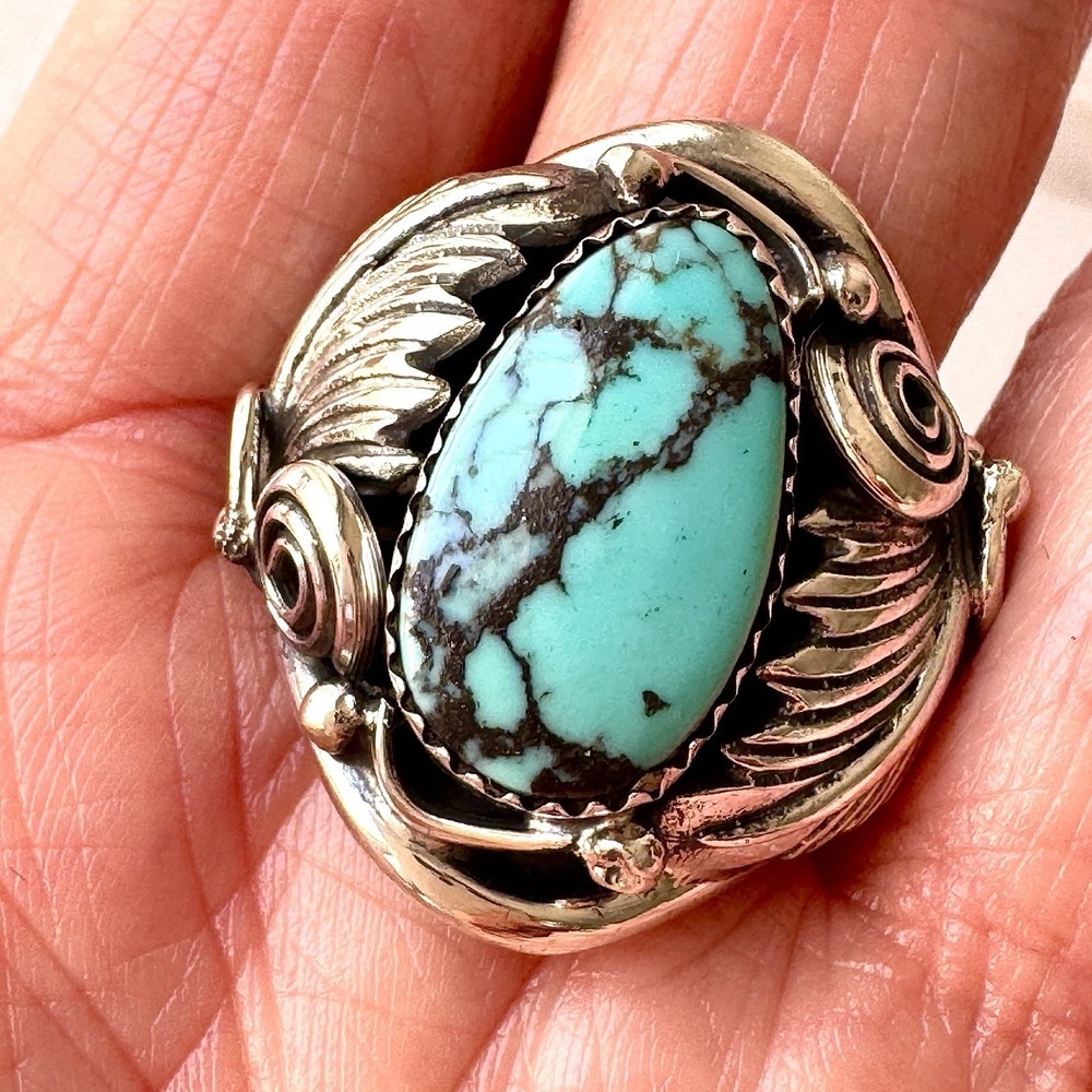 Navajo Turquoise Mens Ring Sz 12 Leaf Feather Signed Morgan Sterling Native Amer